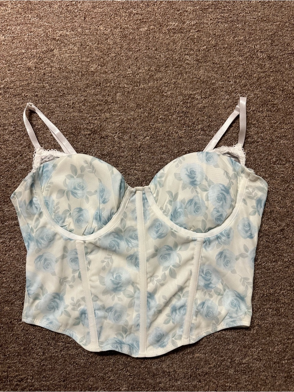White and Light Blue Floral Bustier Tank